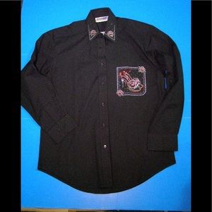 S or medium Black blouse shirt high heel rose crystal rhinestone